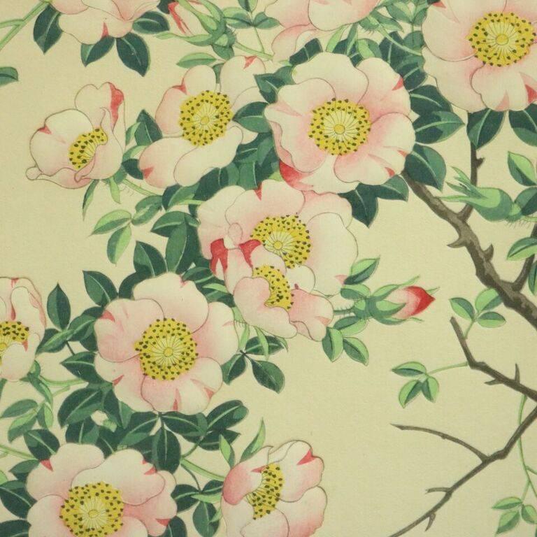Antique Japanese watercolor painting features Hiroshige style image of pink blossoms, signed, chop marks along left and right side, circa 1920

Measures: 24" H x 19.25" W x 1.25" D framed; 14.75" H x 10.5" W.
