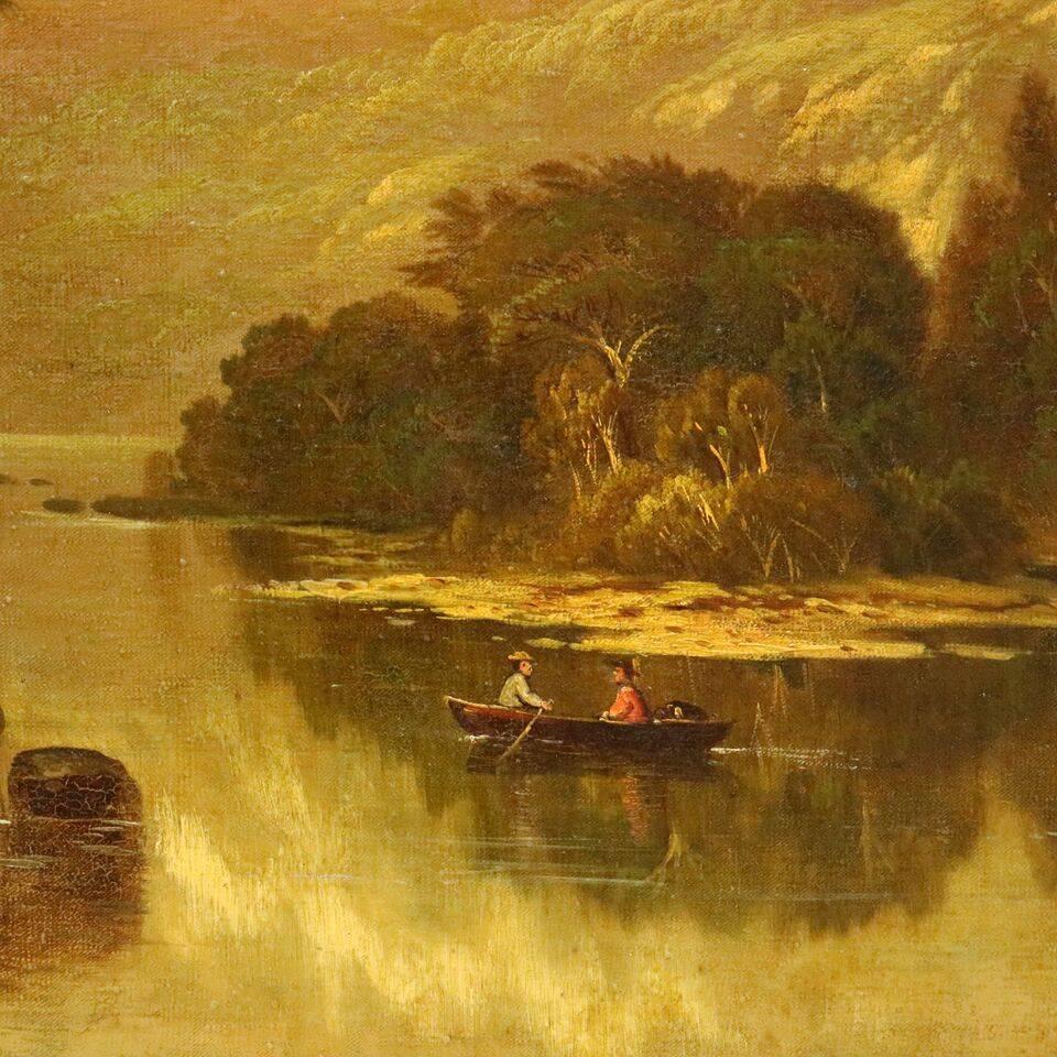 Antique oil on canvas Hudson River School painting of Susquehanna River scene by Samuel P. Dyke (1835-1870), signed lower right, en verso in script "Scenery on the West Branch of the Susquehanna River, S.P. Dyke 1875".

Measures -