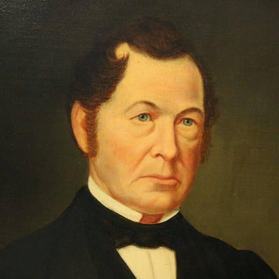 Antique oil on canvas portrait painting in gold gilt surround, en verso "John Quaid, Born in Limerich Ireland 1803, died at Newburgh, New York 1869, aged 66 years", circa 1860

Measures: 29" H x 24.5" W x 1.75" D framed;