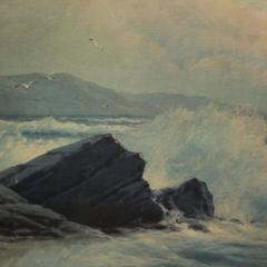 Large Antique Seascape Maritime Color Print, Original Gilt Frame, circa 1920