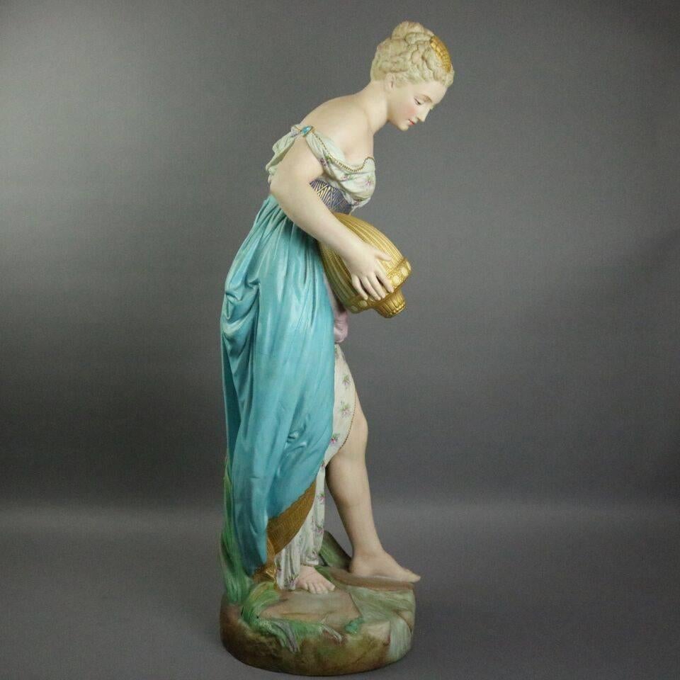 Monumental French antique neoclassical highly detailed hand-painted Chelsea School bisque porcelain figural sculpture "La Source" of woman with her water vessel by Vion and Baury, green anchor mark on base, circa 1880

Measures: 30"