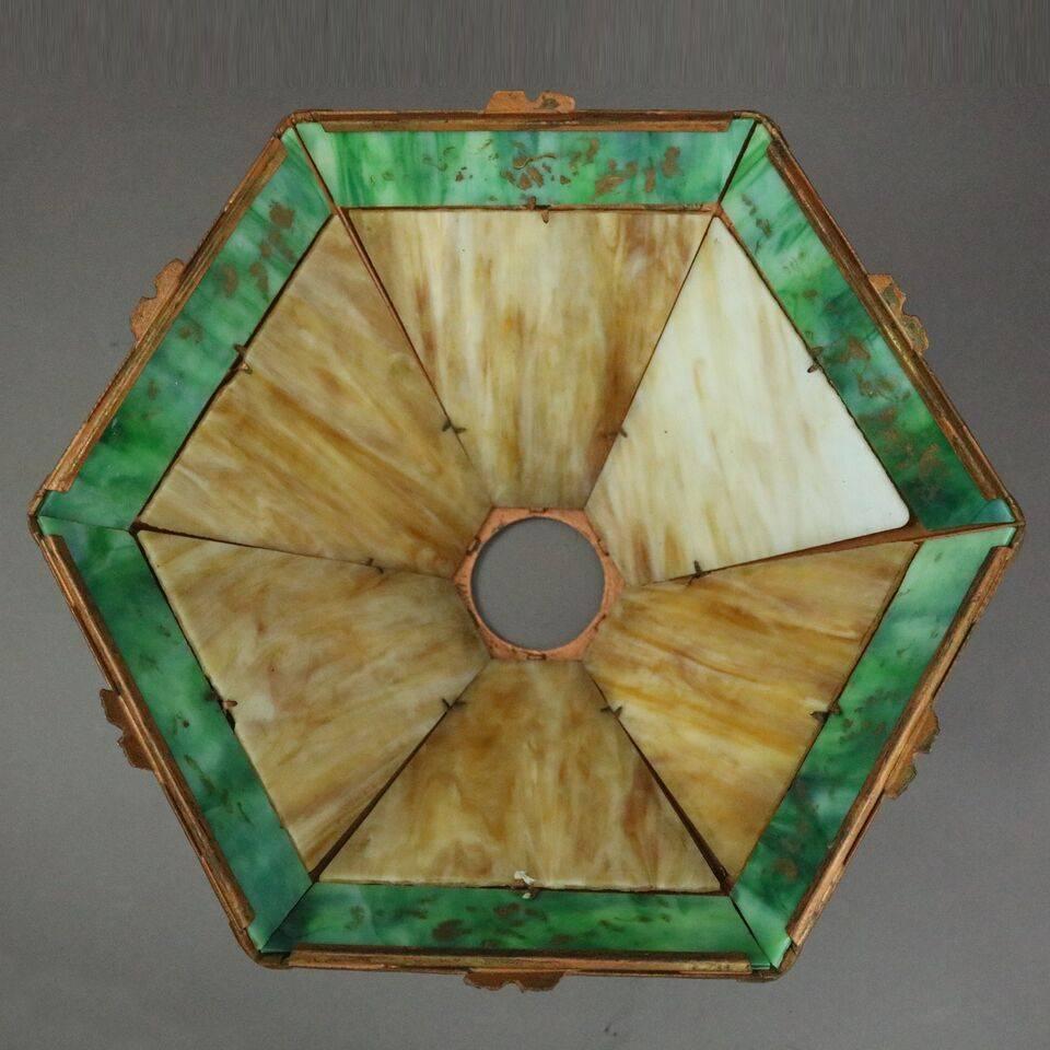 Arts and Crafts Antique Arts & Crafts Miller Co. Slag Glass Filigree Lamp, Countryside Scene