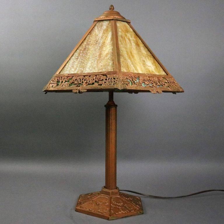 Antique Arts and Crafts Miller Co. Slag Glass Filigree Lamp