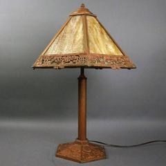Antique Arts & Crafts Miller Co. Slag Glass Filigree Lamp, Countryside Scene