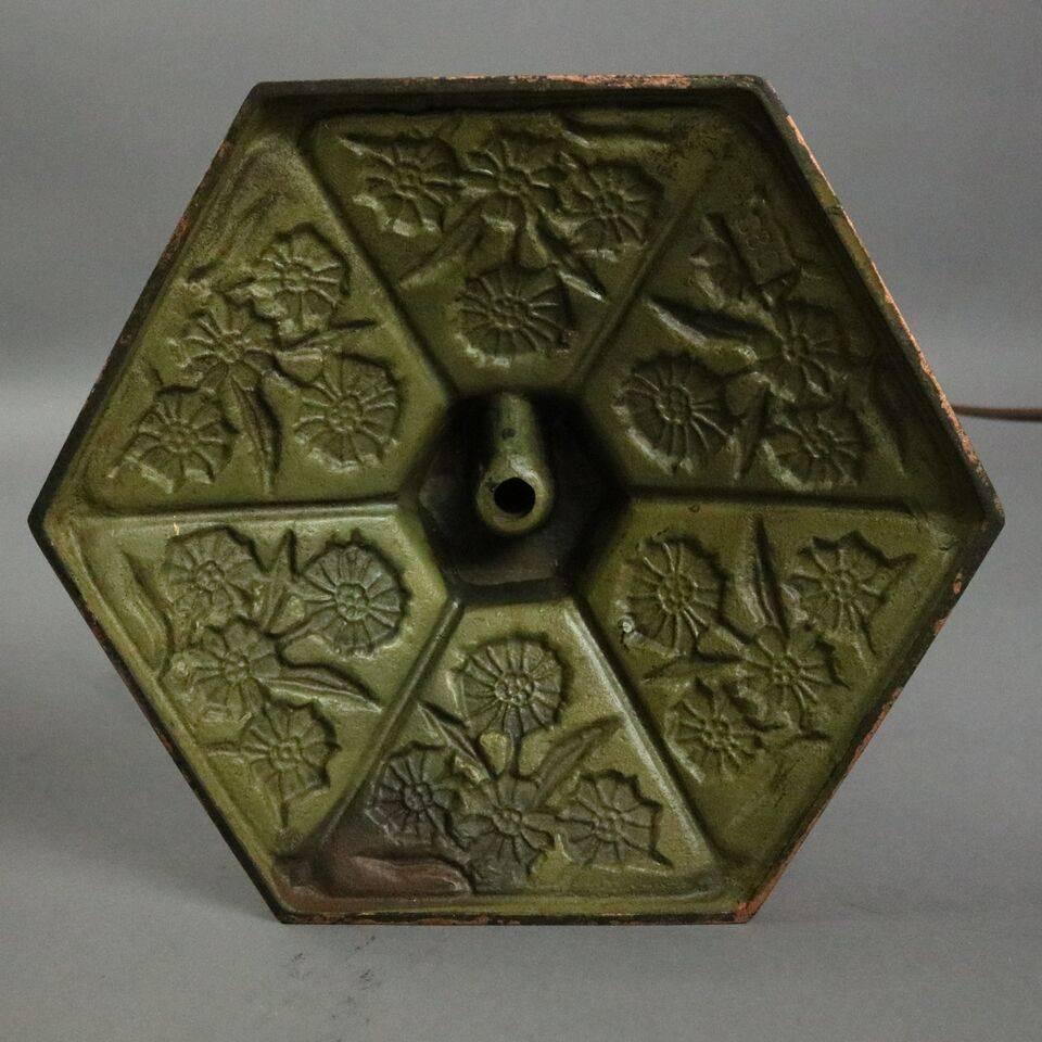 Antique Arts & Crafts Miller Co. Slag Glass Filigree Lamp, Countryside Scene In Good Condition In Big Flats, NY