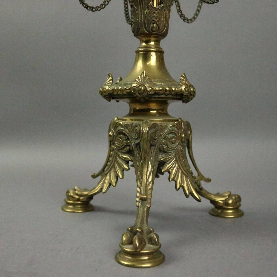 19th Century Pair of Antique Figural Bronze Five-Light Column Candelabra, Winged Lion Design