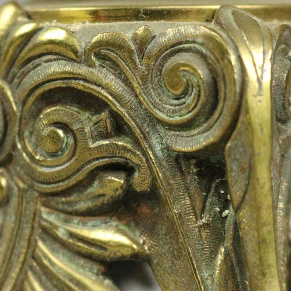 Pair of Antique Figural Bronze Five-Light Column Candelabra, Winged Lion Design 1