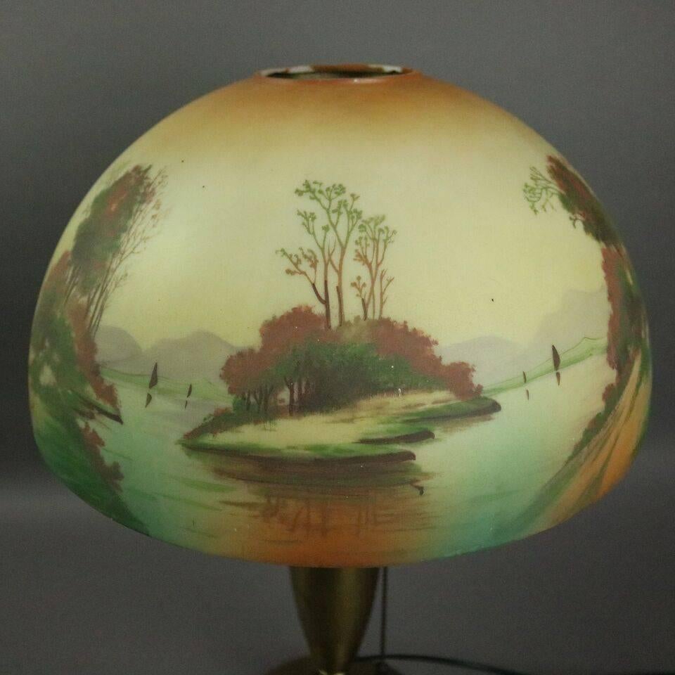 Antique Pittsburgh Brass and Obverse Painted Table Lamp, Lake Scene, circa 1920 3