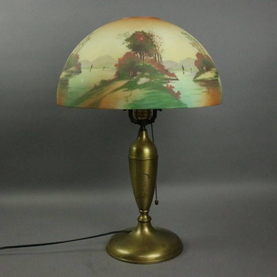 Antique Pittsburgh Brass and Obverse Painted Table Lamp, Lake Scene, circa 1920 2