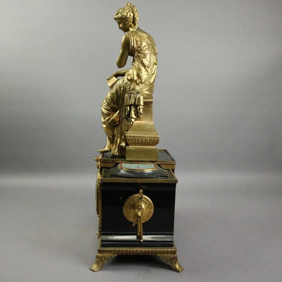 Classical Greek Antique French GS Medaille D'Or Champleve Mantel Clock with Bronze by Bouret