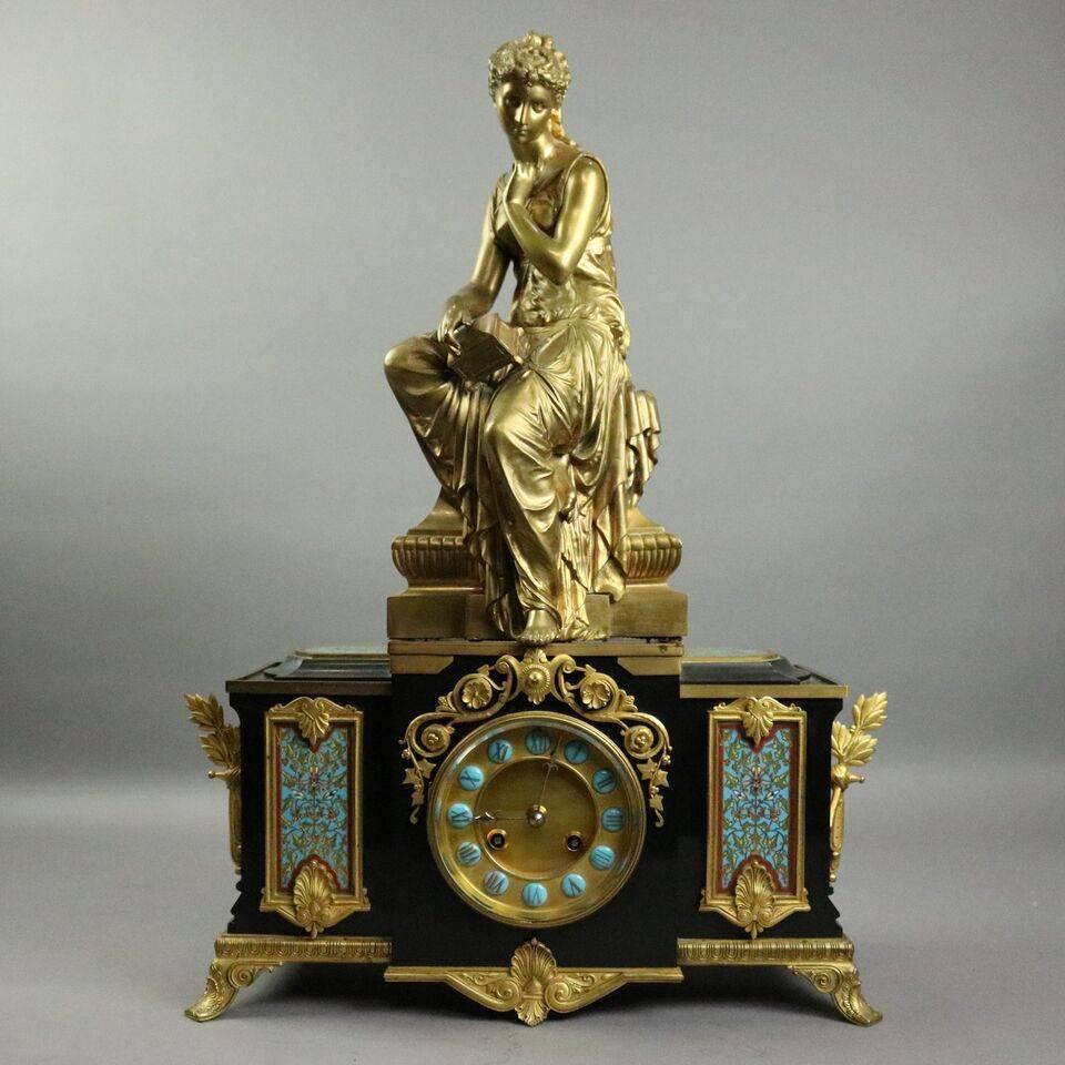 Georges Henri Emille Servant (1828-1890) figural clock surmounted with associated gilt bronze sculpture Siddende Ung Kvinde med Skrin (from Dutch "Seated Young Woman with Box"), signed Bouret to the gilt bronze base mounted on black marble