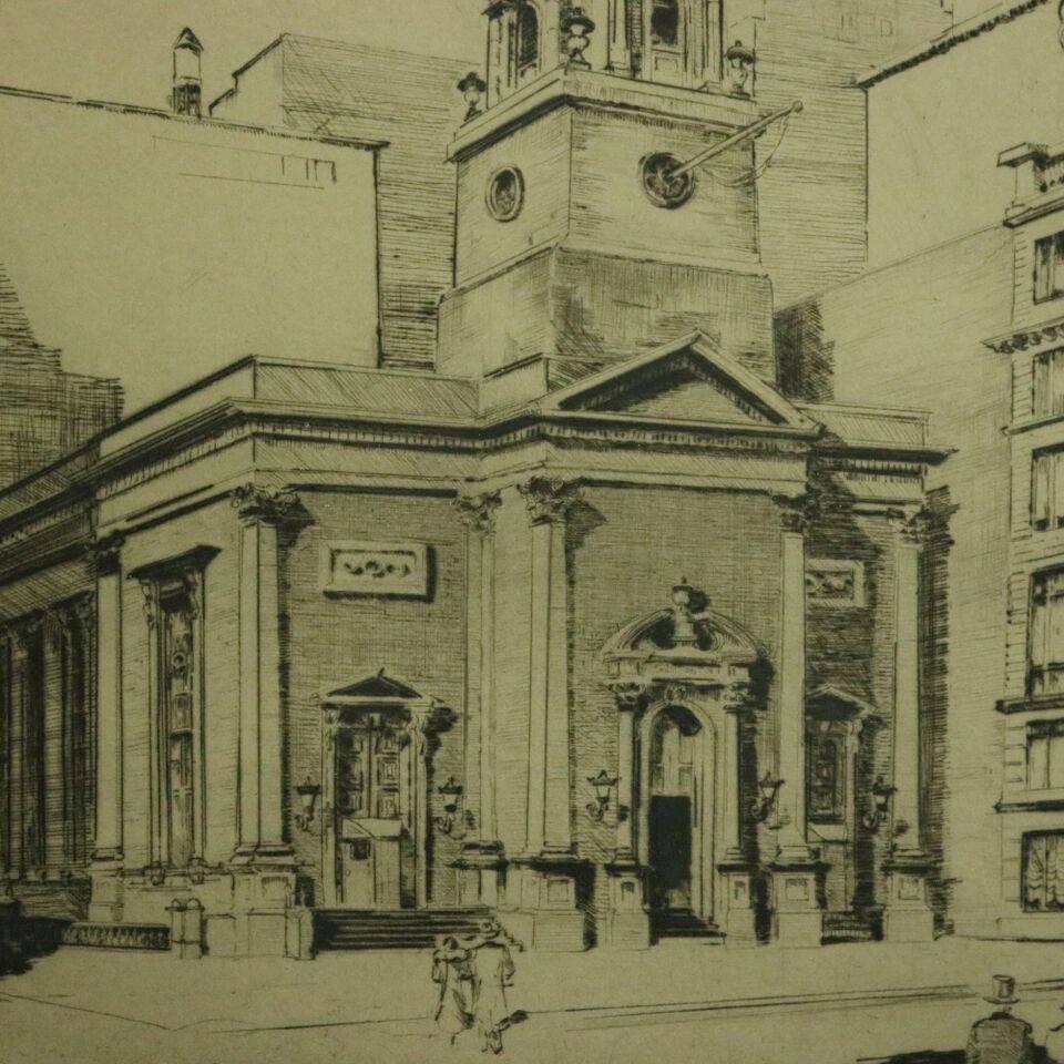 Antique etching by Pierson Underwood of New York City Presbyterian church, artist signed and dated 1938 lower right and numbered No. 5 lower left, en verso label reads "Brick Presbyterian Church where I was baptized in 1865, corner 37th Street