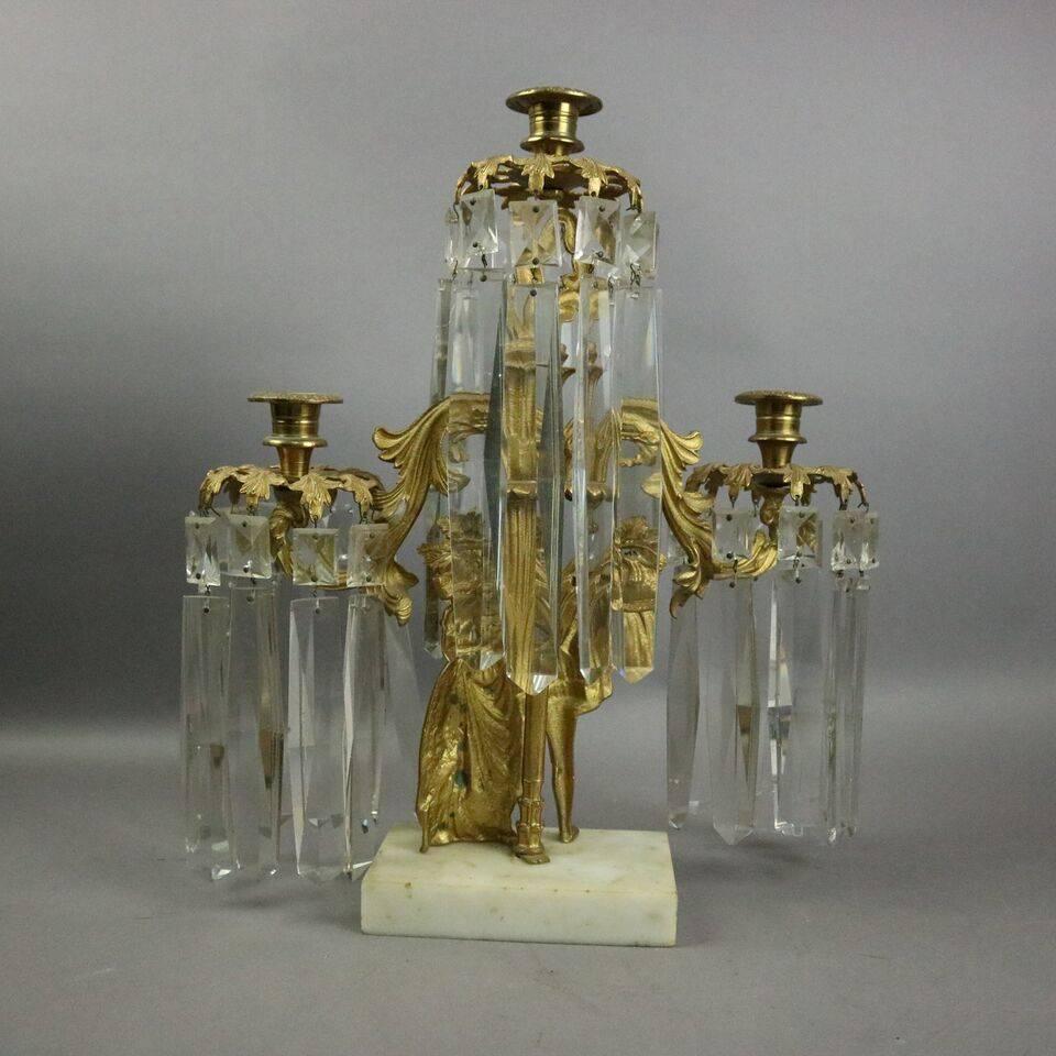 Set of Three Antique French Classical Gilt Metal and Crystal Figural Girandoles In Good Condition In Big Flats, NY