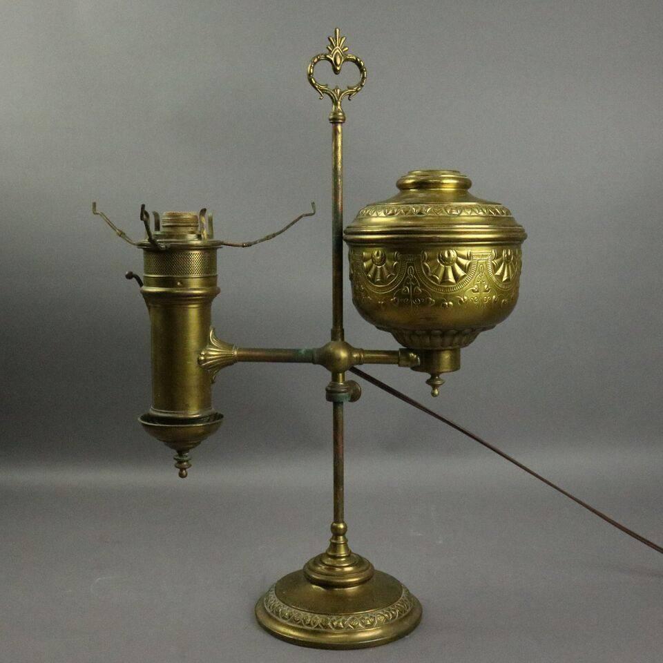 Antique Miller Lamp Co. Embossed Brass Student Lamp, circa 1880 In Good Condition In Big Flats, NY