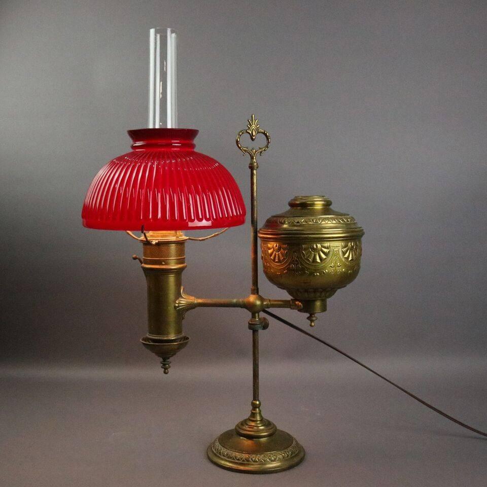 American Antique Miller Lamp Co. Embossed Brass Student Lamp, circa 1880