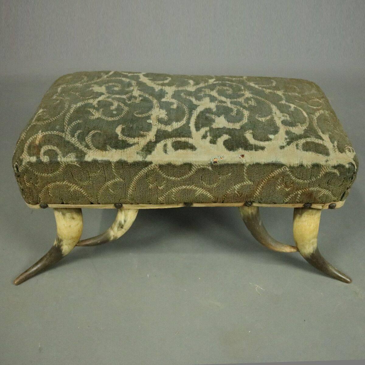 American Antique Western Cattle Horn Upholstered Footstool, circa 1910