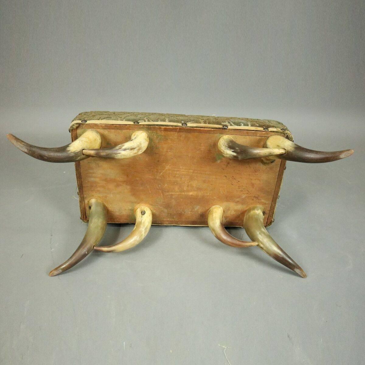 Antique Western Cattle Horn Upholstered Footstool, circa 1910 In Good Condition In Big Flats, NY