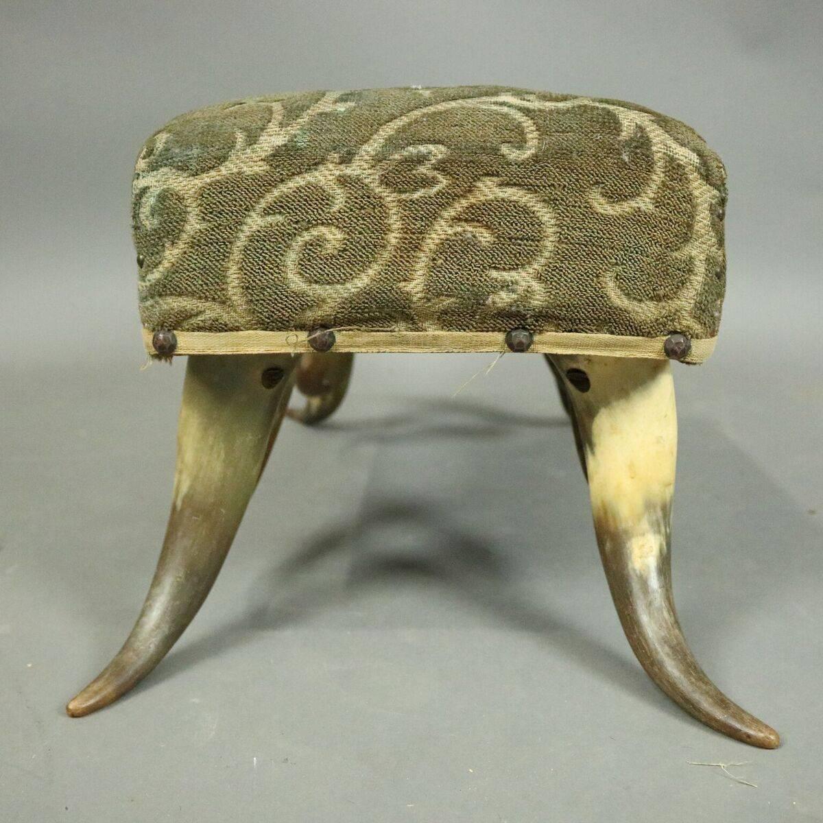 Antique Western Cattle Horn Upholstered Footstool, circa 1910 1