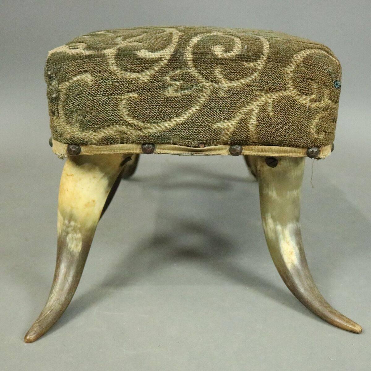 20th Century Antique Western Cattle Horn Upholstered Footstool, circa 1910