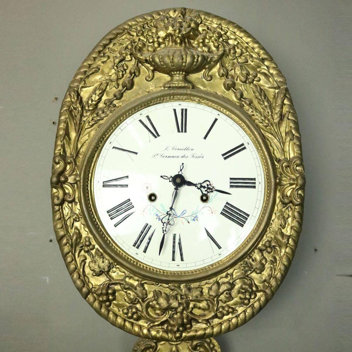 Antique French Brass & Enamel Rococo Wag-on-wall Clock, J. Cornillon, circa 1860 In Good Condition In Big Flats, NY
