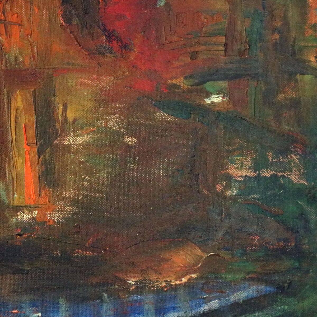 Expressionist Mid-Century Modern Abstract Expressionism Skyline Scene O/C Painting, circa 1960