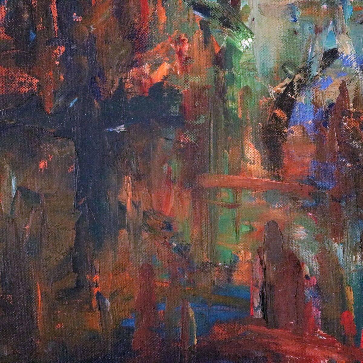 Mid-Century Modern abstract expressionism oil on canvas laid on board depicts city skyline scene, circa 1960.

Measures: 21.25" H x 25.25" W x .5" D framed; 19.25" H x 23.25" W sight.