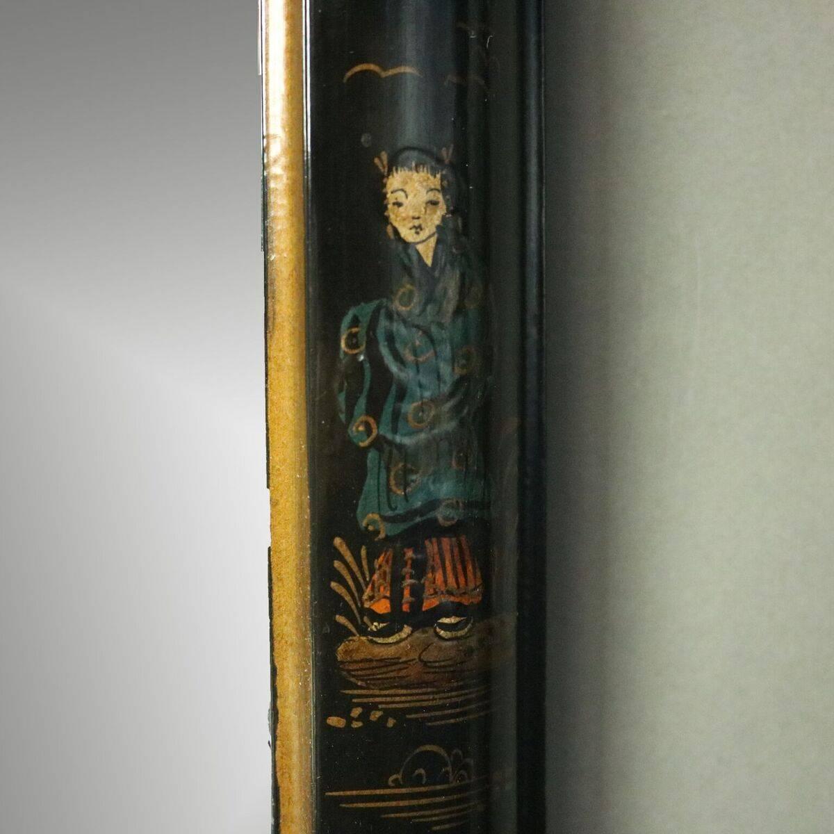 Chinese Vintage Ebonized and Hand-Painted Chinoiserie Decorated Wall Mirror, circa 1930