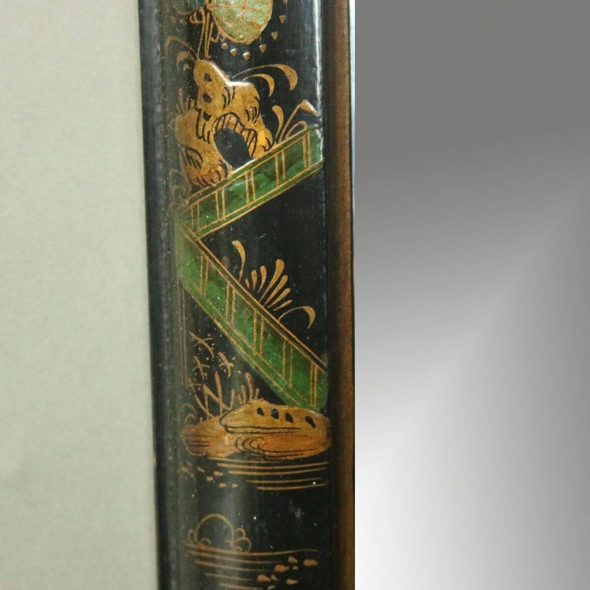 Vintage Ebonized and Hand-Painted Chinoiserie Decorated Wall Mirror, circa 1930 In Good Condition In Big Flats, NY