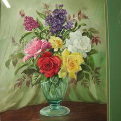 Vintage Floral Still Life Watercolor Painting of Roses by R. Johnson, 1986