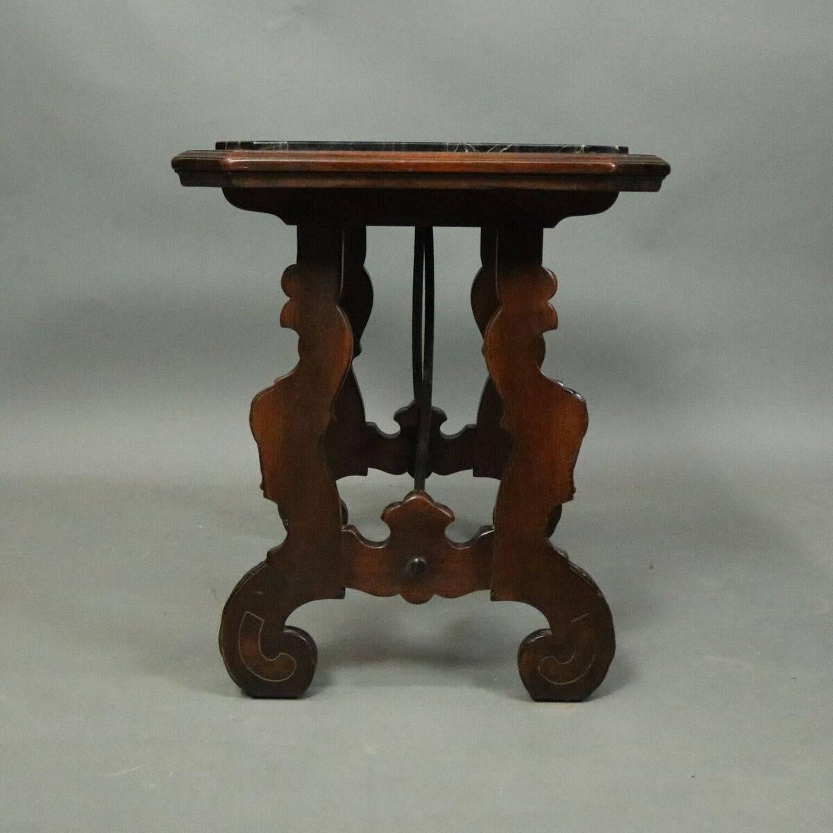 European Vintage Continental Mahogany, Wrought Iron and Marble Trestle Coffee Table
