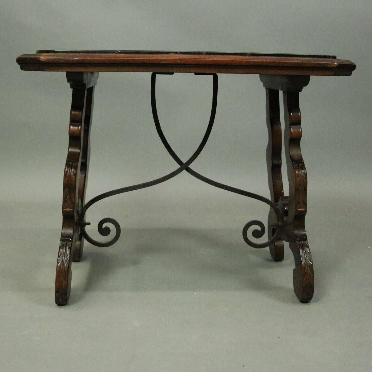 20th Century Vintage Continental Mahogany, Wrought Iron and Marble Trestle Coffee Table