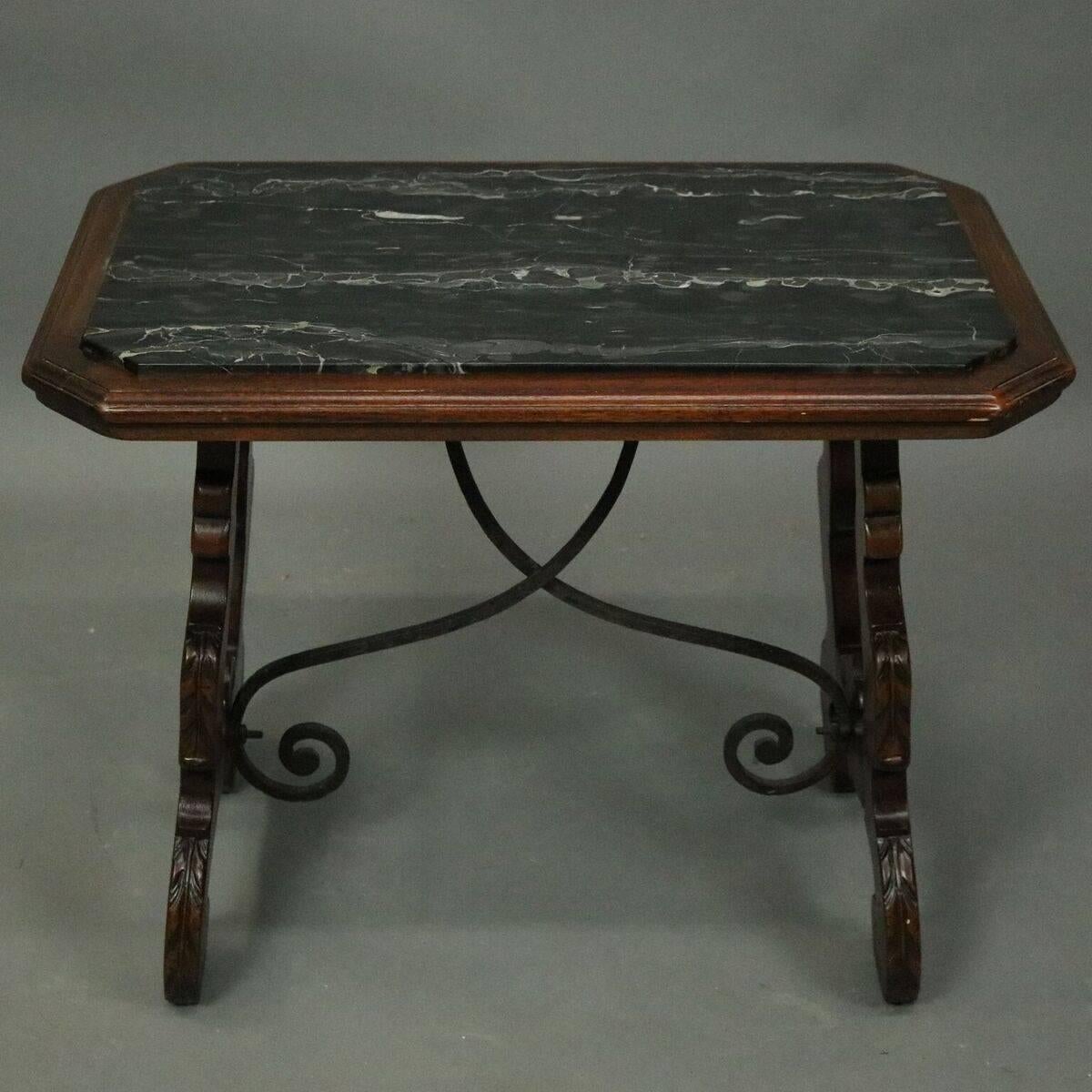 Vintage Continental Mahogany, Wrought Iron and Marble Trestle Coffee Table 1