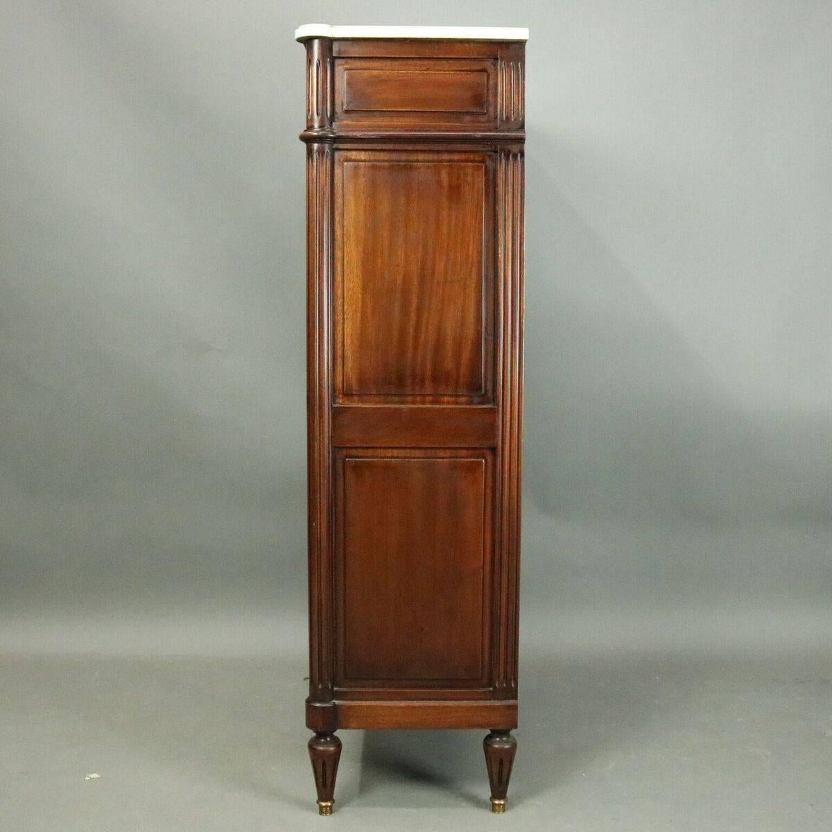 20th Century Antique French Louis XVI Custom Flame Mahogany and Bronze Marble Abattant
