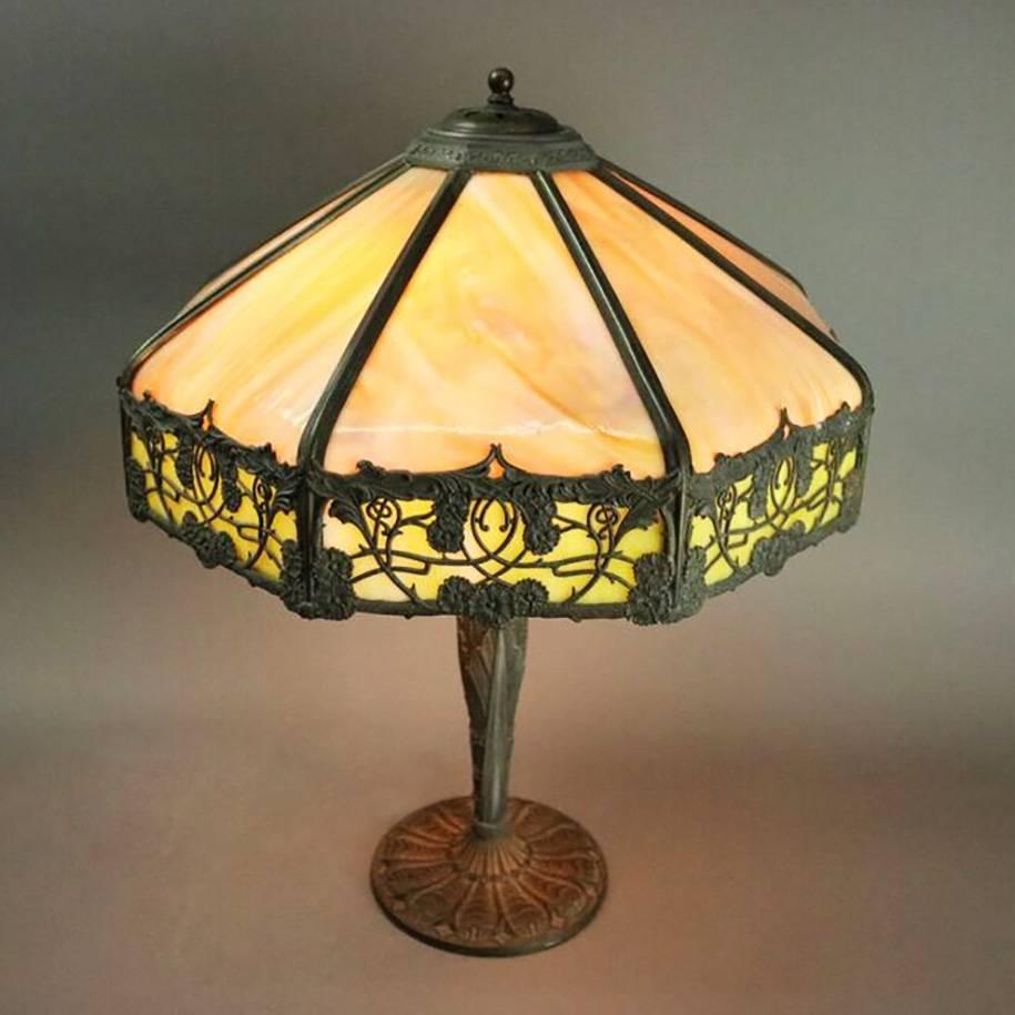 American Antique Arts & Crafts Bradley & Hubbard Style Filigree Slag Glass Lamp