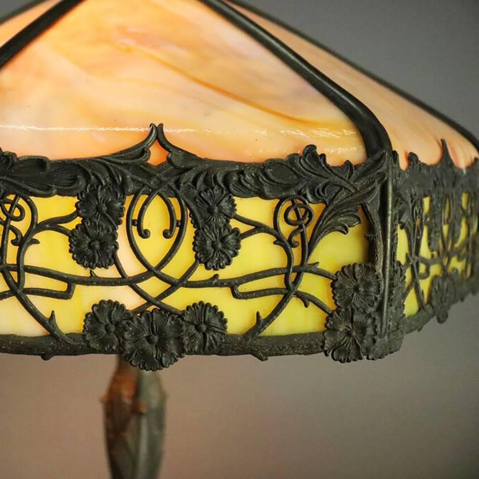 Antique Arts & Crafts Bradley & Hubbard Style Filigree Slag Glass Lamp In Good Condition In Big Flats, NY