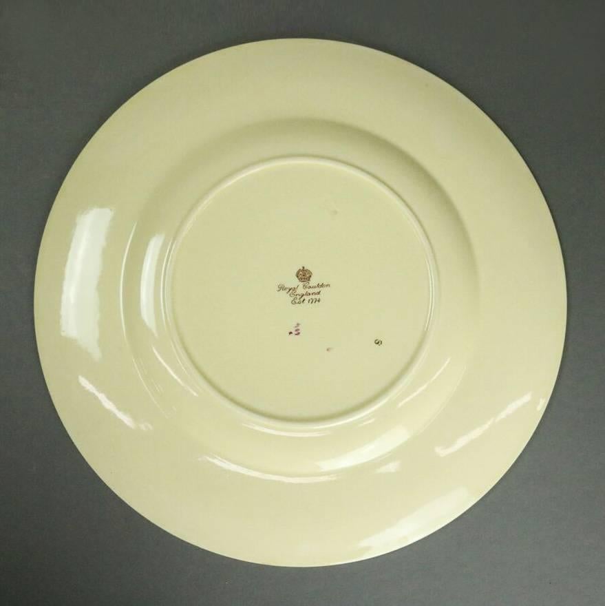 Painted 12 Antique English Royal Cauldron Embossed Porcelain Dinner Plates, circa 1900
