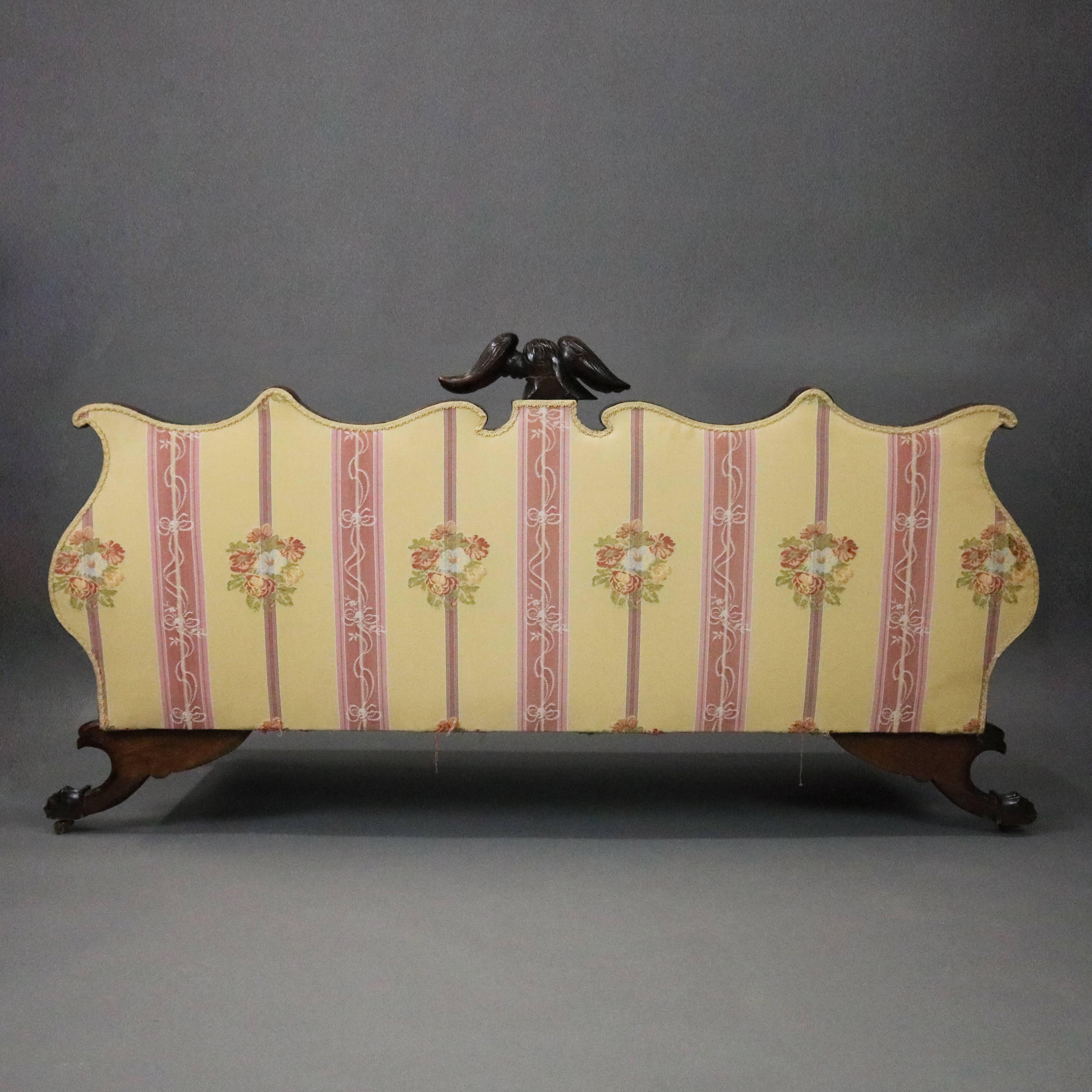 Hand-Carved Antique American Empire Carved Mahogany Upholstered Sofa with Figural Eagle
