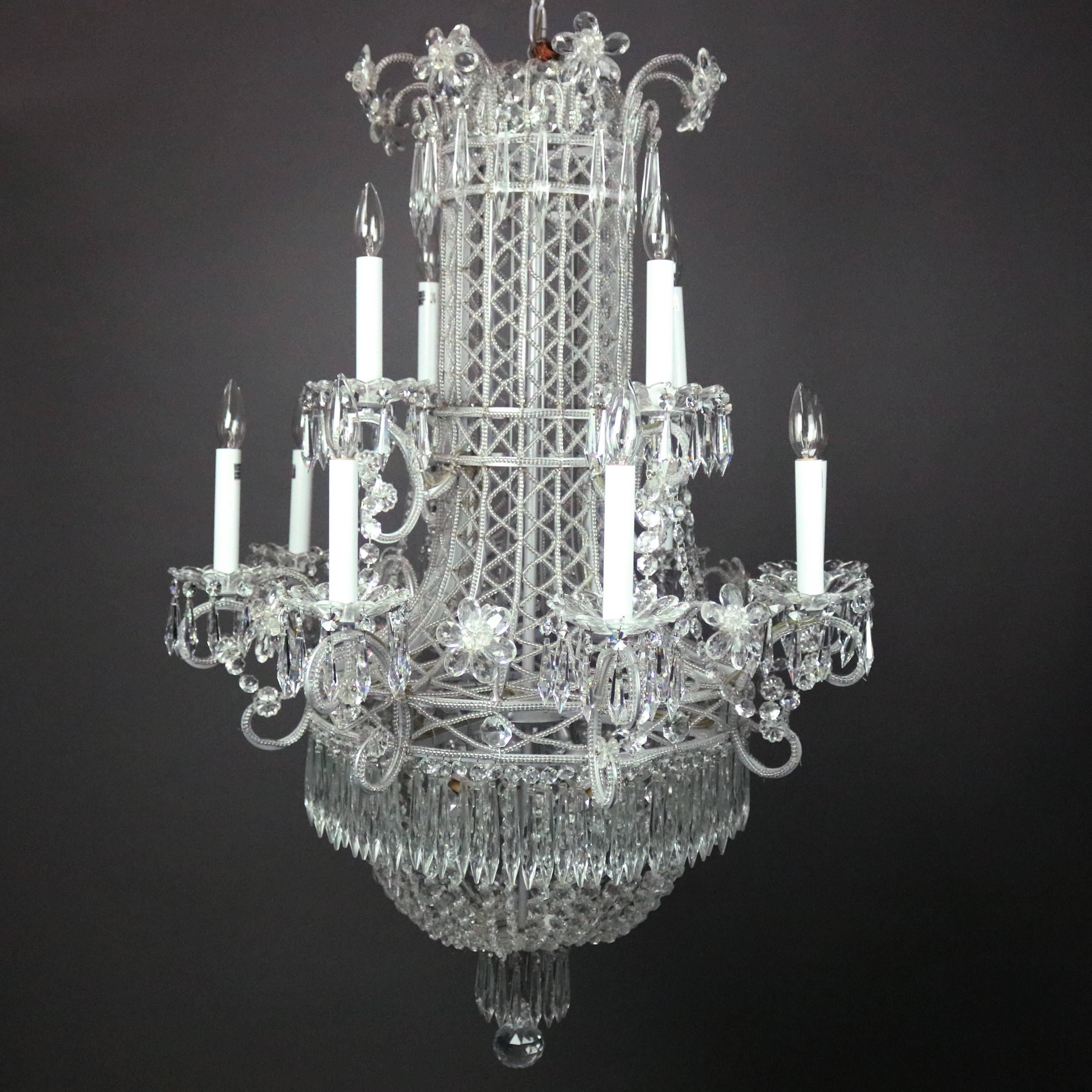 Vintage French Twelve-Light Cut Crystal Chandelier, Floral Decor, circa 1950 In Good Condition In Big Flats, NY
