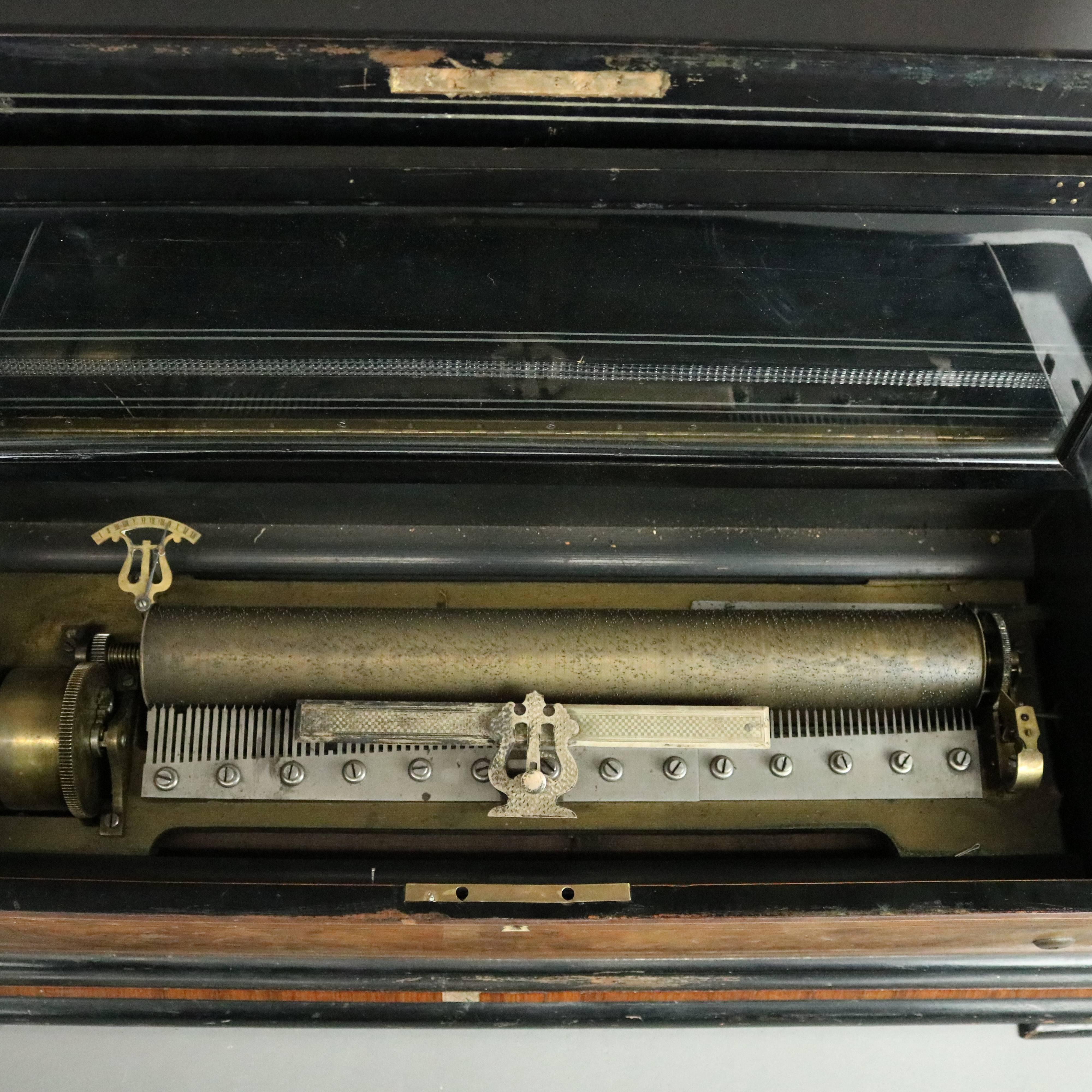 Antique Swiss 12-Tune Cylinder Music Box, Banded & Inlaid Burl Case, circa 1880 In Good Condition In Big Flats, NY