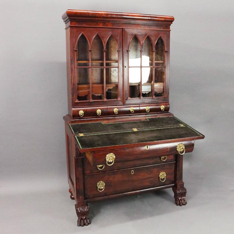 Antique American Empire Carved Flame Mahogany and Bronze Secretary