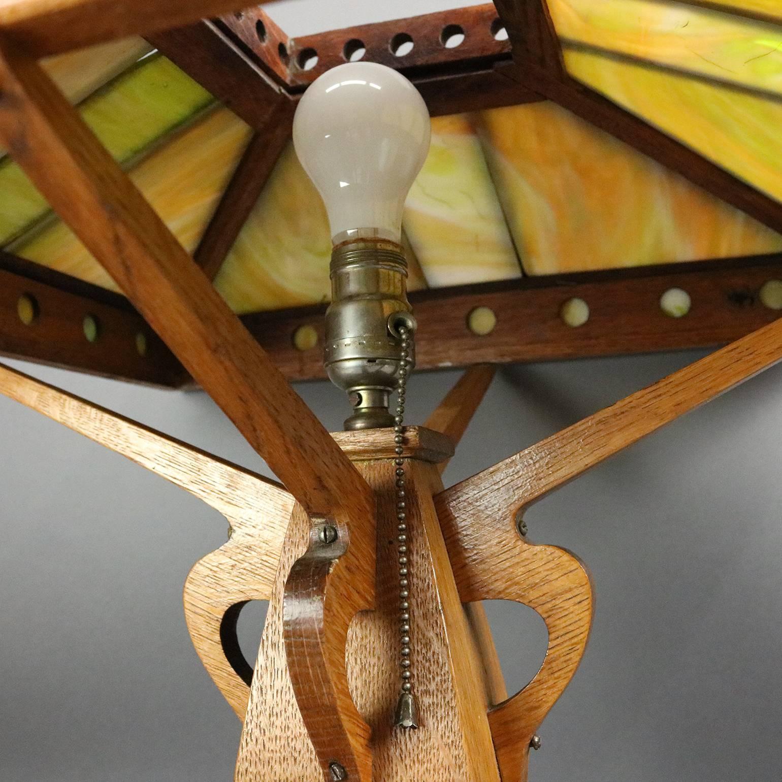 American Oversized Arts & Crafts Prairie School Peterson Mission Oak Slag Glass Lamp 1910
