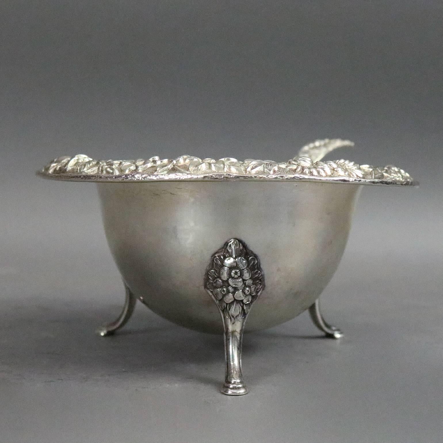 Antique S. Kirk & Sons Sterling Silver Repousse Footed Sauce Bowl and Ladle In Good Condition In Big Flats, NY