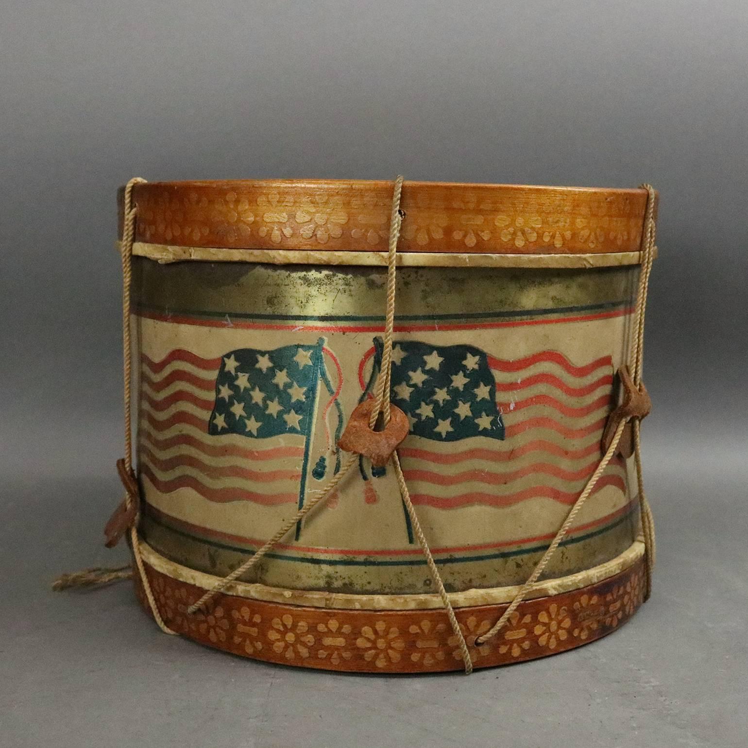 Painted Americana Folk Art Patriotic Tin Drum, Stars and Stripes, circa 1900