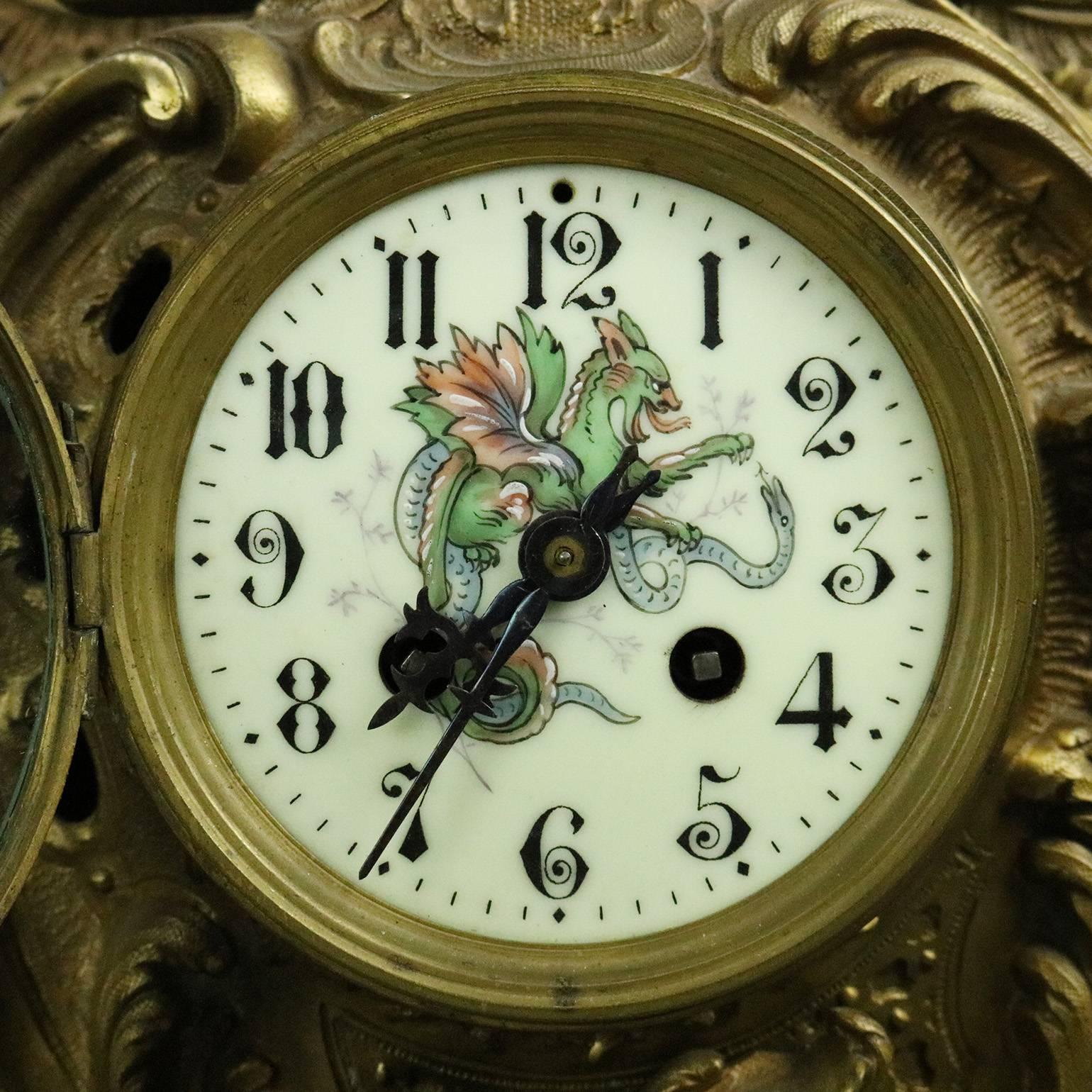 French AD Mougin Rococo Style Bronze Mantel Clock, Dragon Motif, circa 1880 1