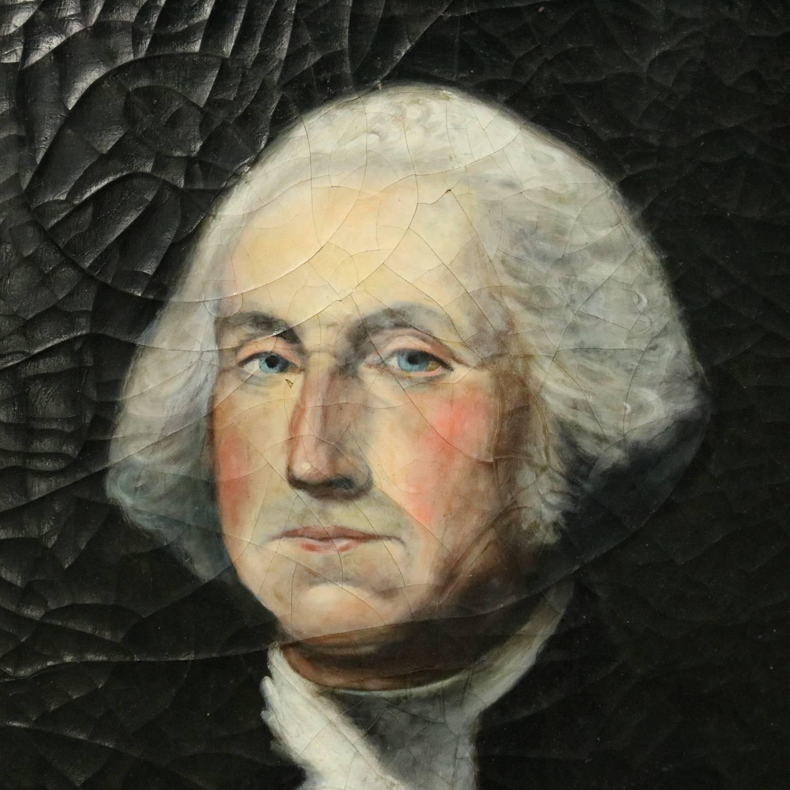Antique oil on canvas portrait painting of President George Washington housed in gilt surround, unsigned, circa 1840

Measures: 28.5