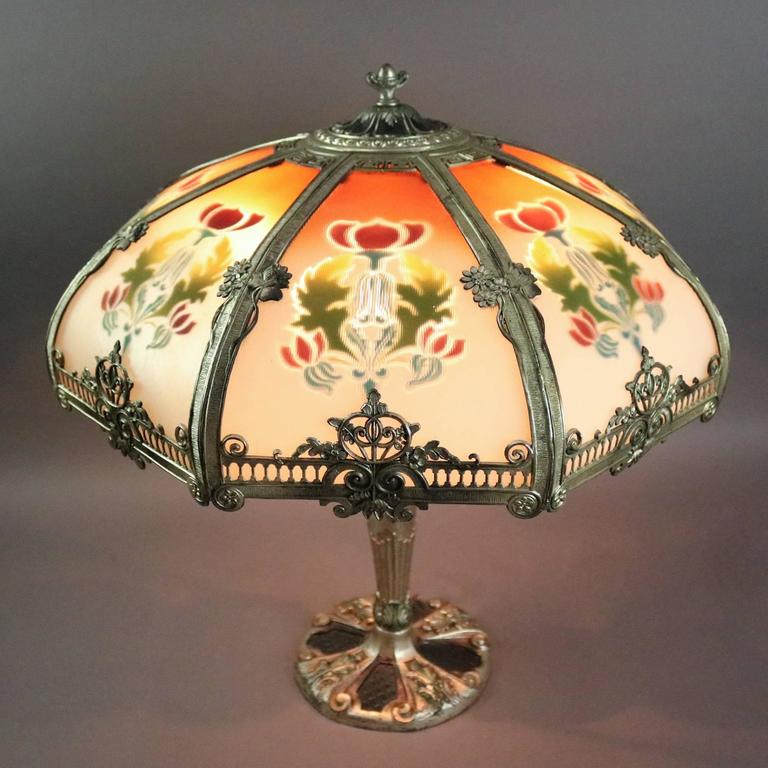 Antique Reverse Panel Lamp with Filigree Shade and Polychrome Base