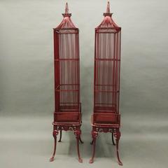 Pair of Vintage French Chinoiserie Pagoda Bird Cage Display Cabinets, circa 1940