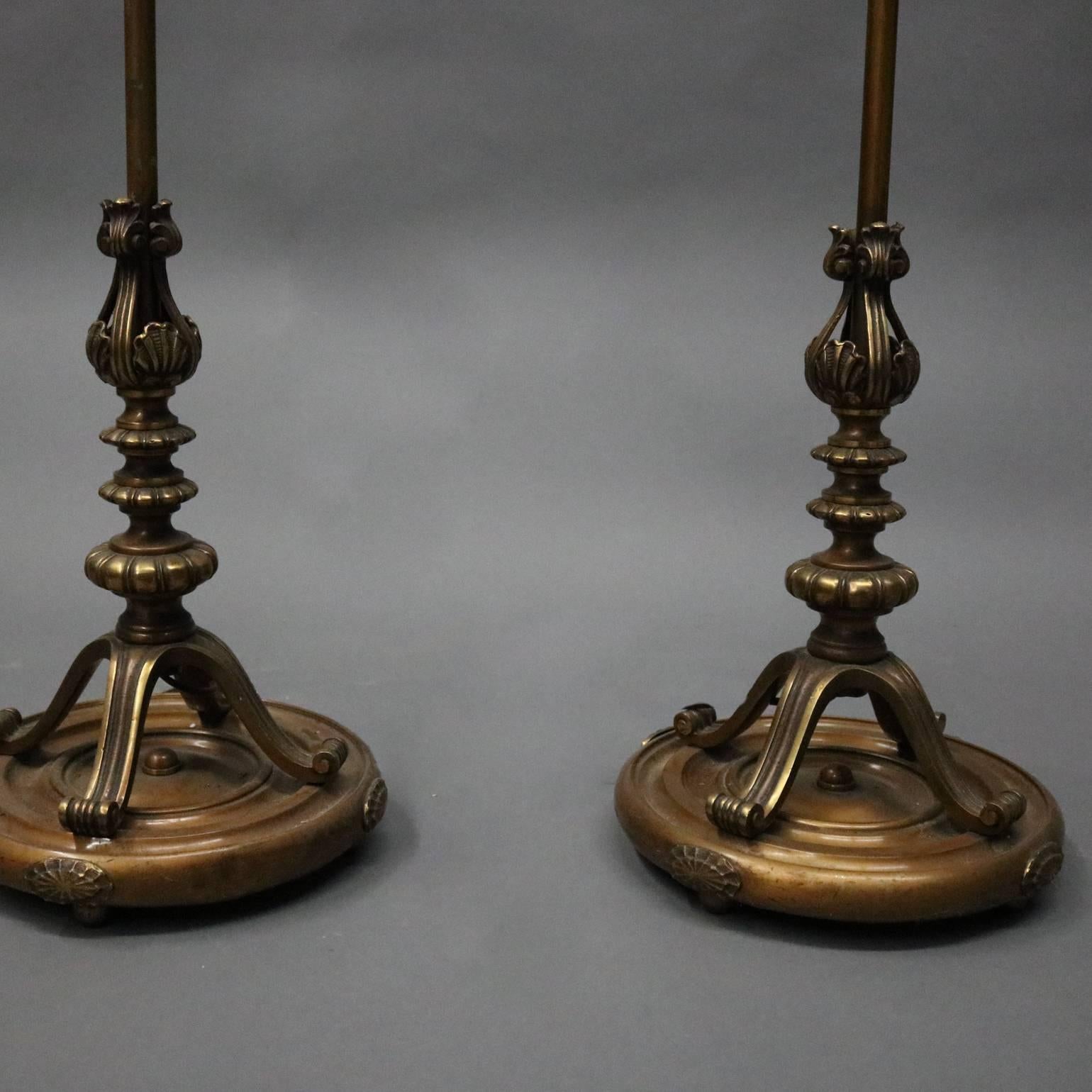 Pair of Antique Cast Bronze Handel Style Torchiere Floor Lamps In Good Condition In Big Flats, NY