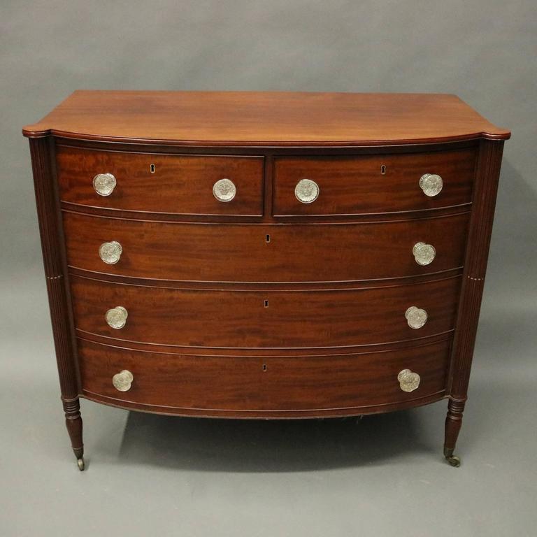 Antique Sheraton Mahogany Locking Bow Front Chest Of Drawers