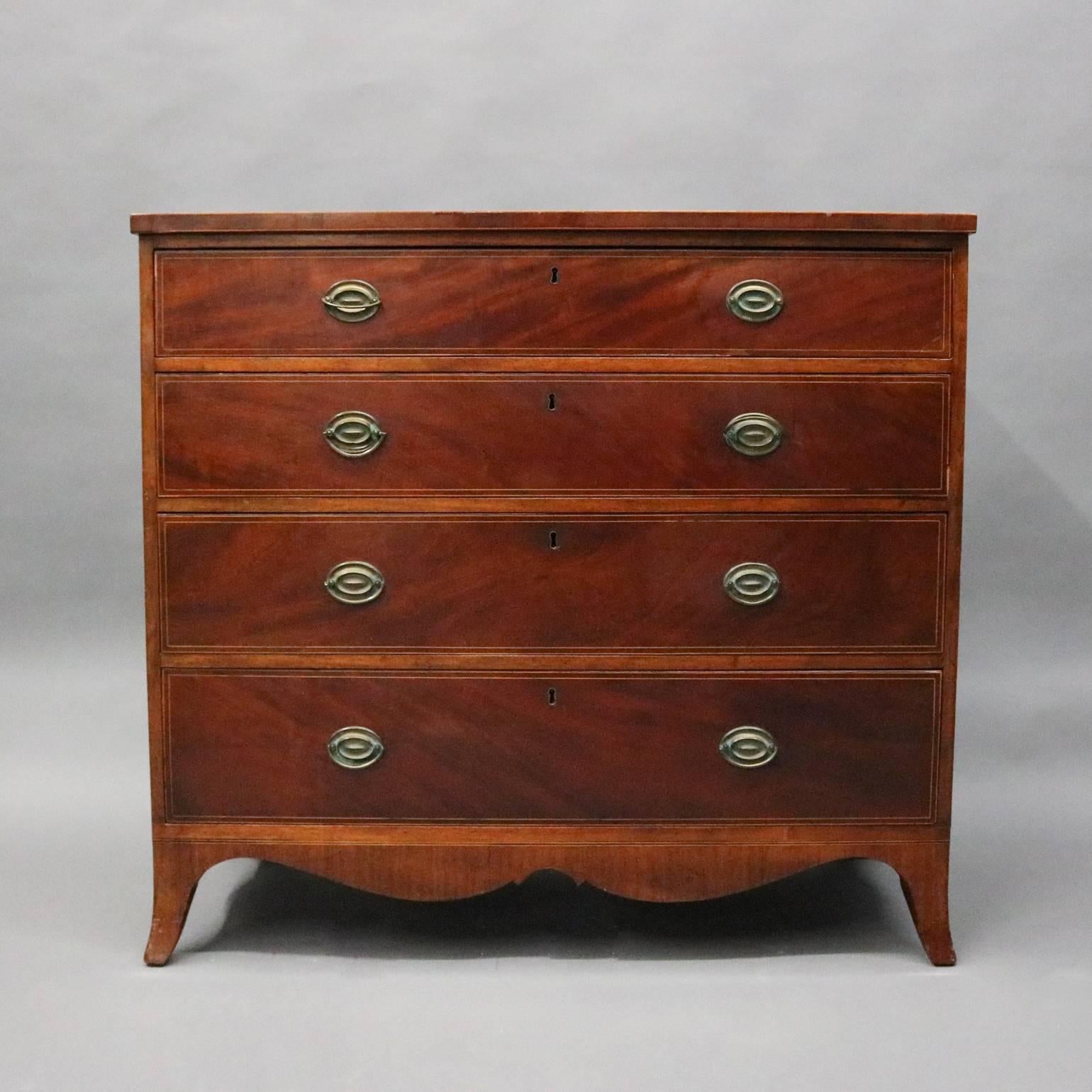 Antique English Hepplewhite flame mahogany chest of drawers with five satinwood inlaid banded long drawers, cast bronze pulls, circa 1830

Measures: 40" H x 44" W x 21" D.